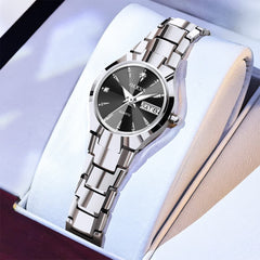 OLEVS Tungsten Steel Ultra Thin Day Date Couple Watch 8697 for Men and Women