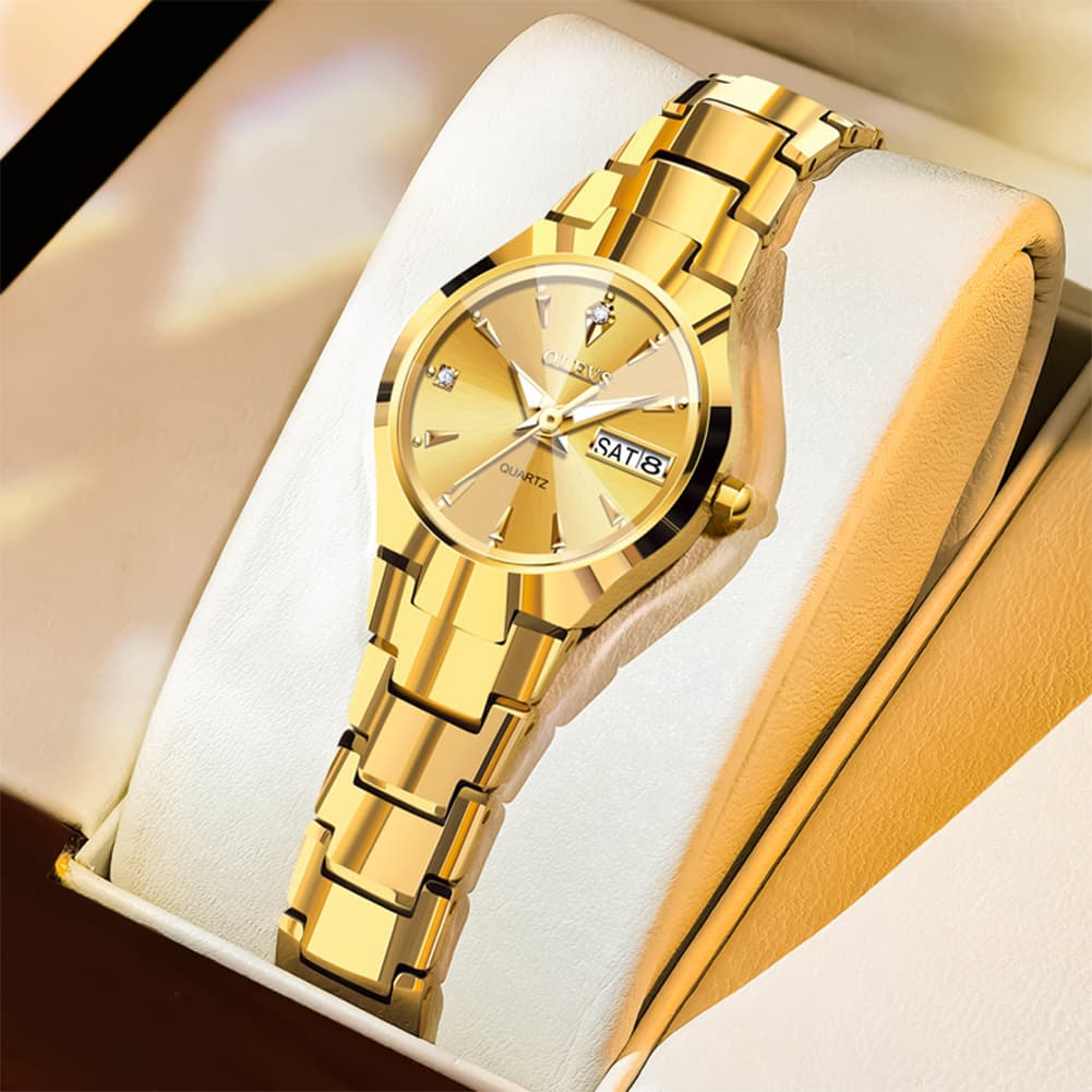 OLEVS Tungsten Steel Ultra Thin Day Date Couple Watch 8697 for Men and Women