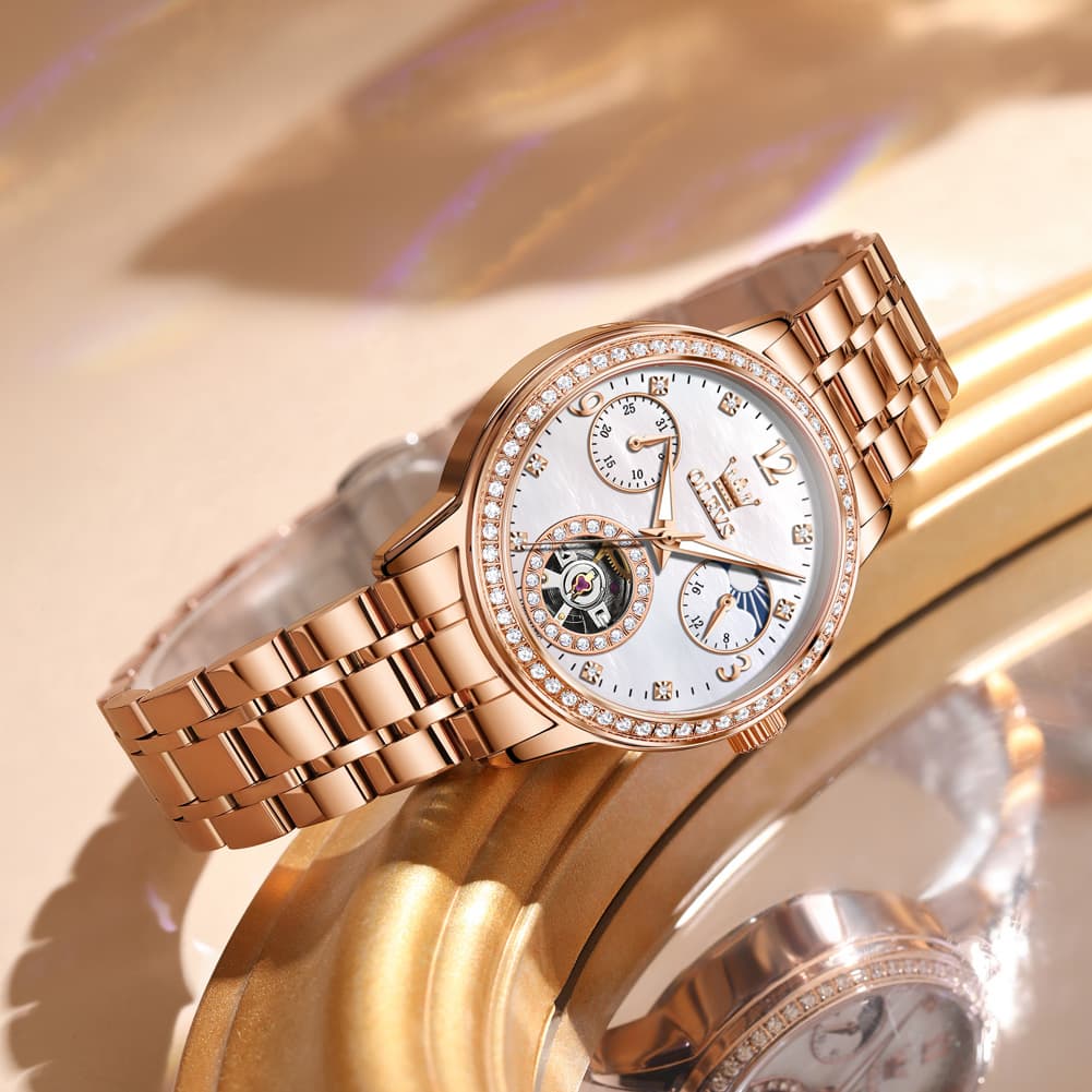 OLEVS 6750 Diamond Bezel Skeleton Mechanical Watch for Women