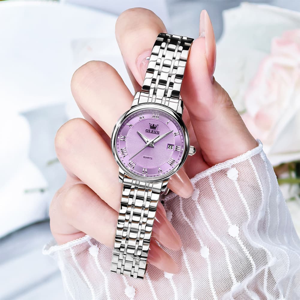 OLEVS Women Sunray Pastel Watch Petite Silver Stainless Steel Date Quartz 5611