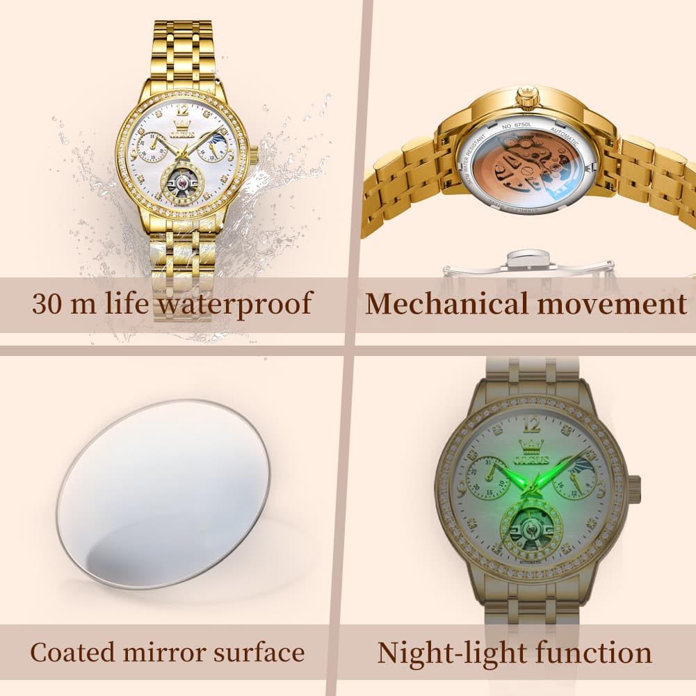 OLEVS 6750 Diamond Bezel Skeleton Mechanical Watch for Women