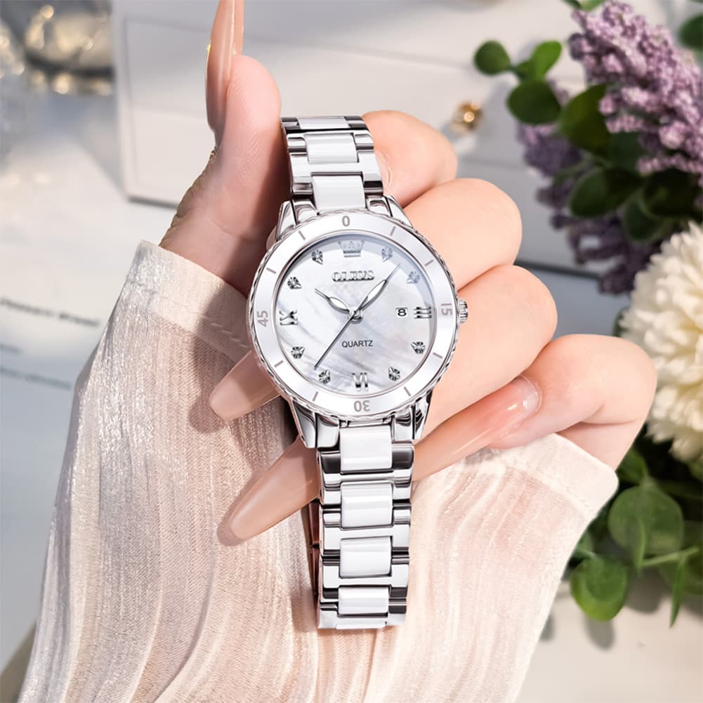 OLEVS 9985 Two Tone Ceramic Bracelet Quartz Watch for Women