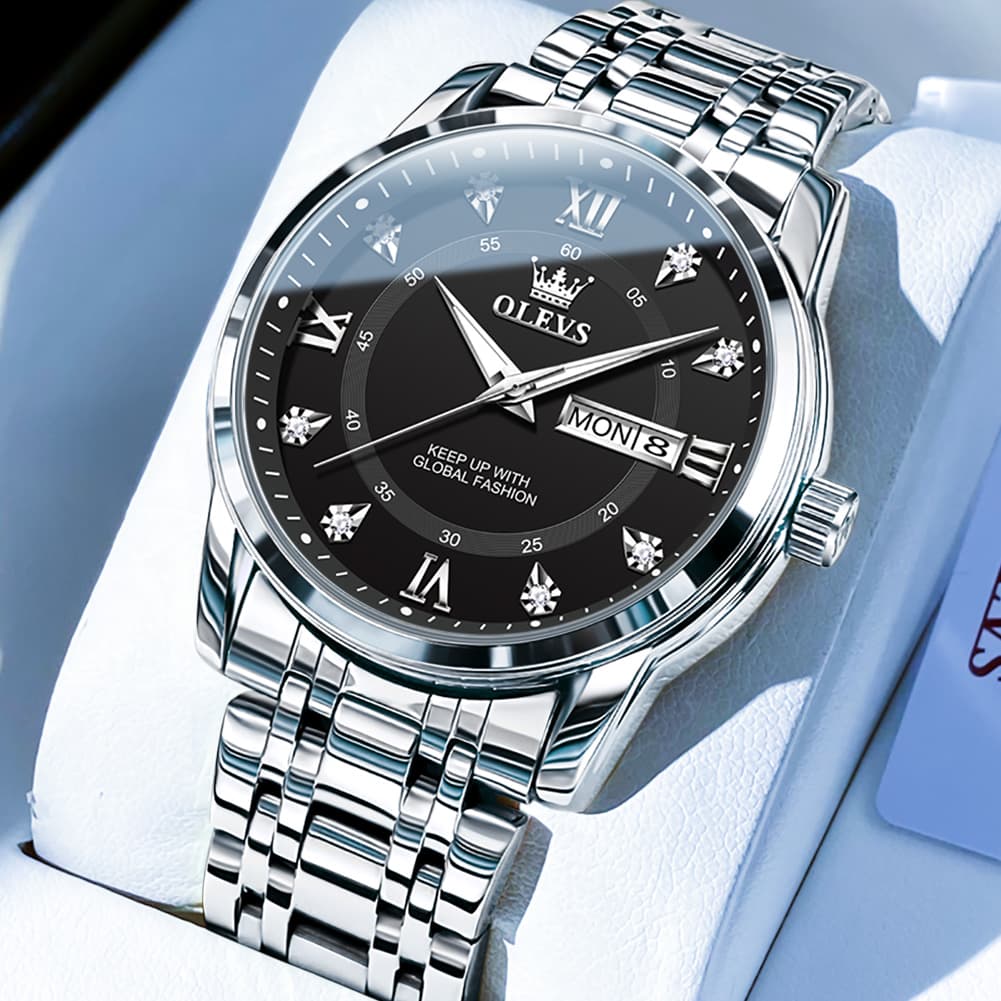 OLEVS Diamond Dial Day Date Quartz Watch 5513 Steel Band for Men