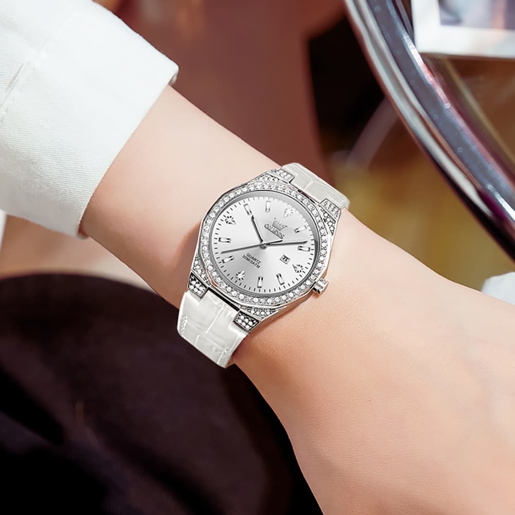 OLEVS Women Octagonal Watch Diamond Bezel Leather Strap Date Quartz 5606