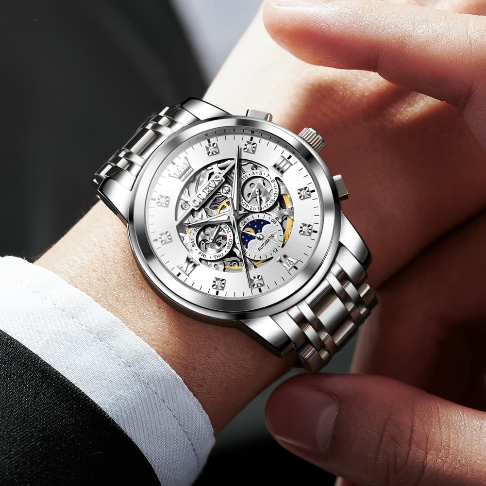 OLEVS 6721 Openwork Skeleton Diamond Dial Moon Phase Calendar Mechanical Watch For Men