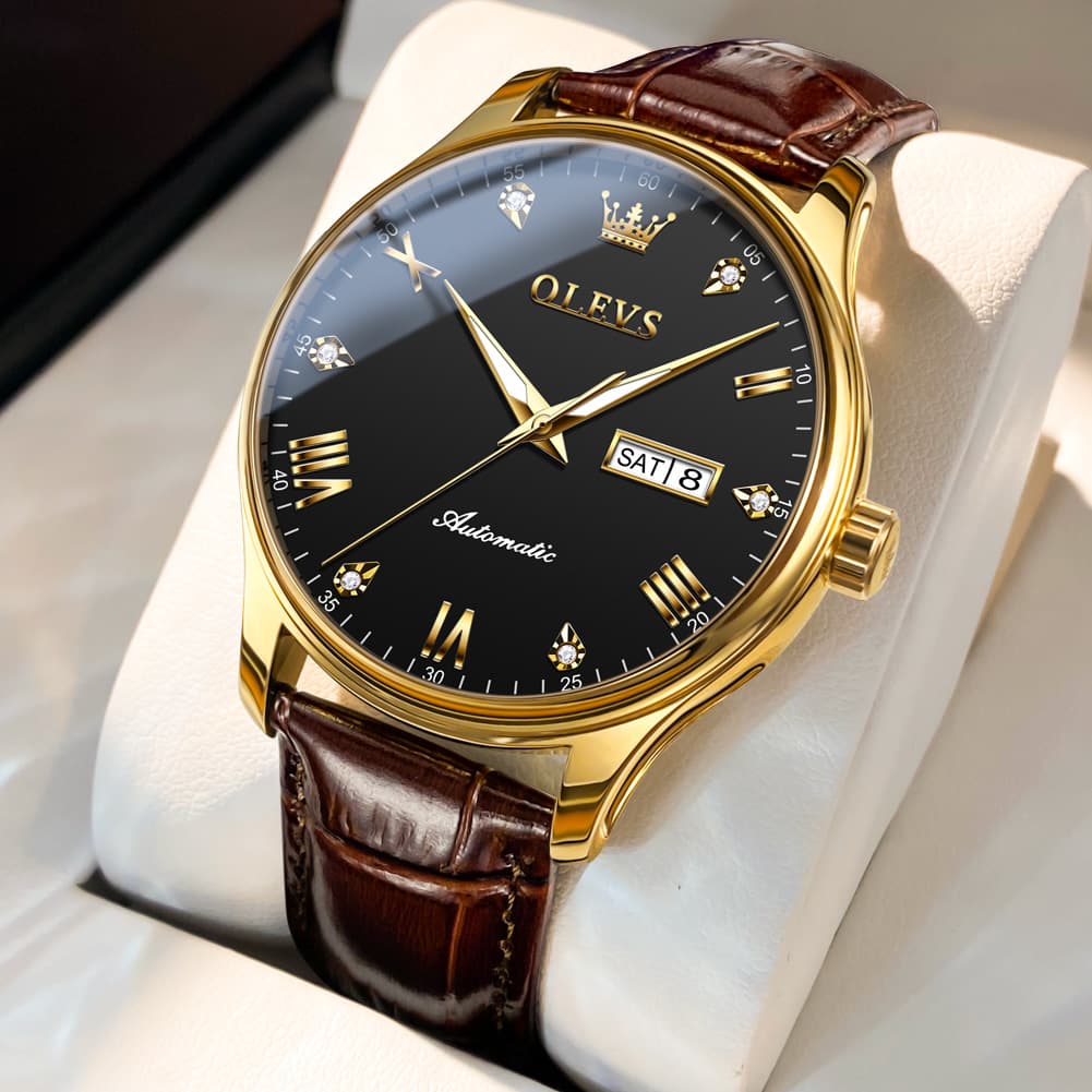OLEVS Couple Watches Diamond Dial Automatic Mechanical Watch 9932 Leather Strap for His and Hers