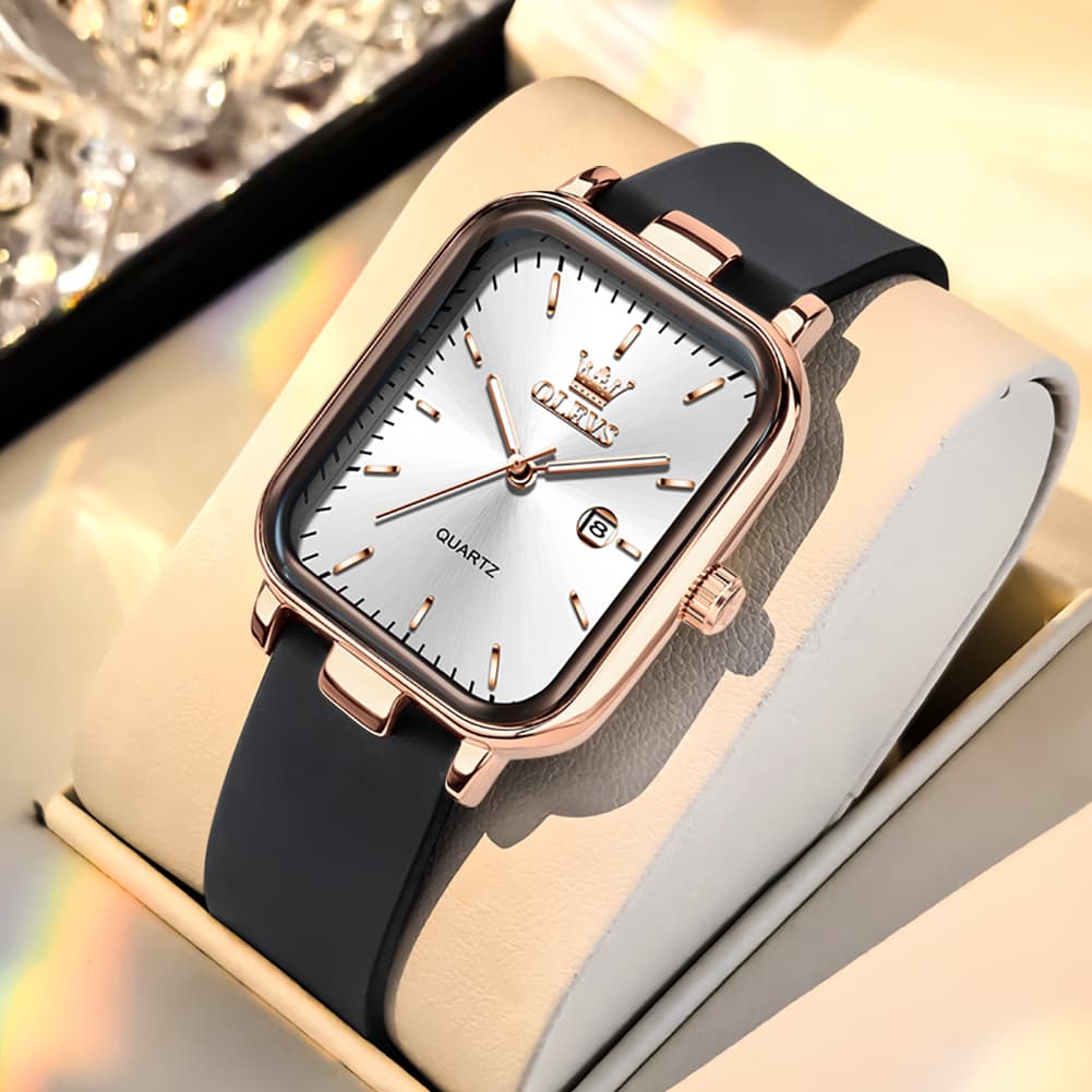 OLEVS 7089 Silicone Strap Watch Retro Square Date Quartz Sport Luxe Timepiece for Women