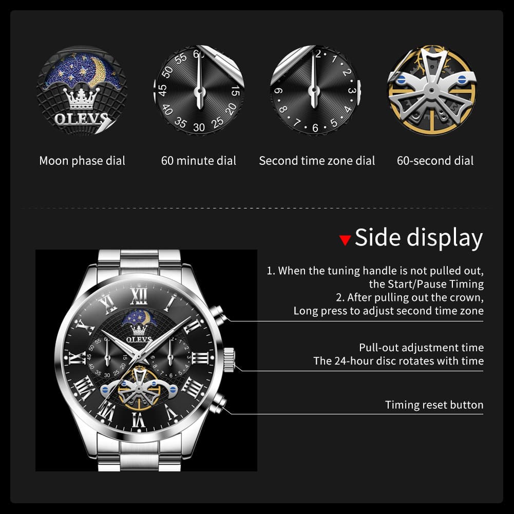 OLEVS 3640 Open-Heart Moon Phase Quartz Watch for Men