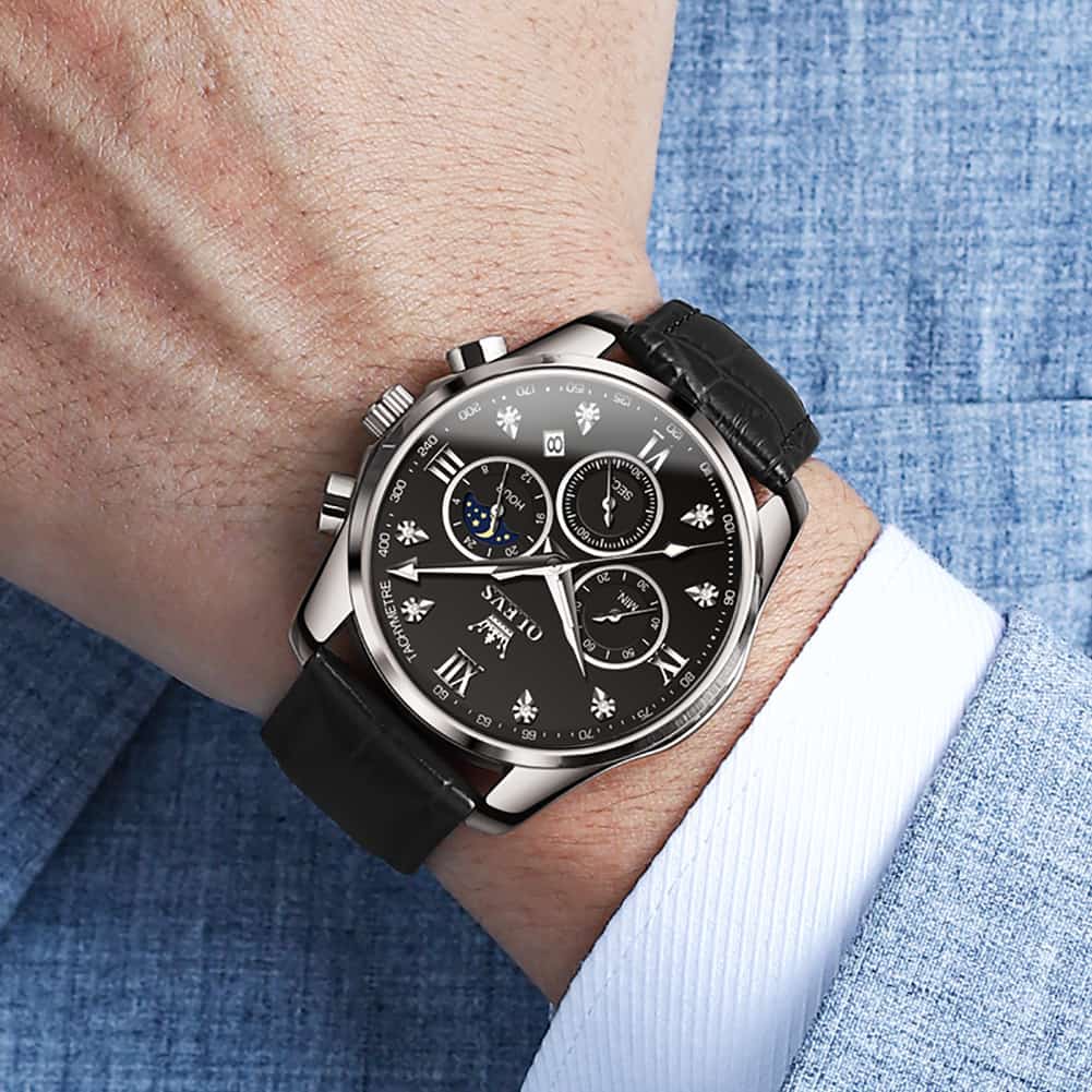 OLEVS 2888 Leather Chronograph Moon Phase Watch for Men