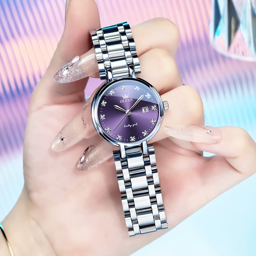 OLEVS Women Lucky Diamond Dress Watch Stainless Steel Quartz Date 5575