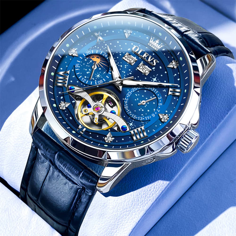 OLEVS 6690 Automatic Skeleton Starry Sky Steel Leather Watch for Men