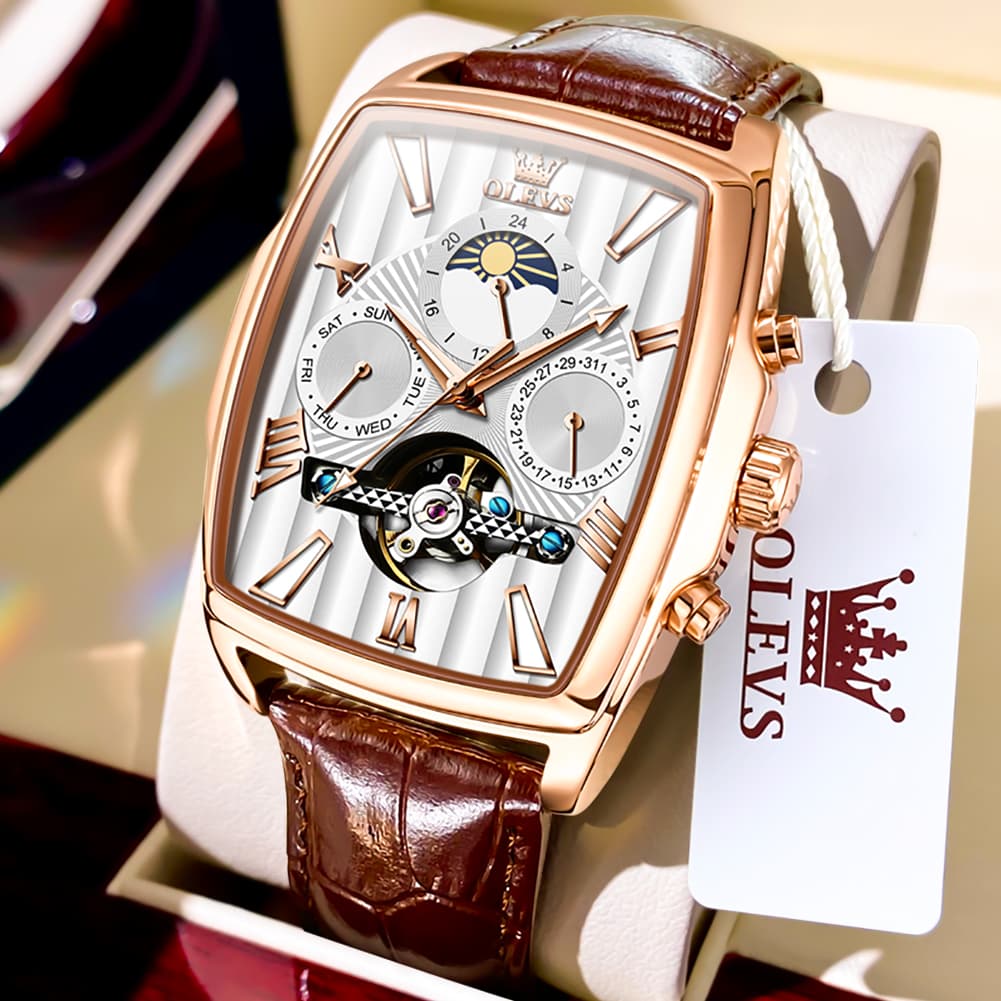 OLEVS 6675 Square Mechanical Moon Phase Watch for Men