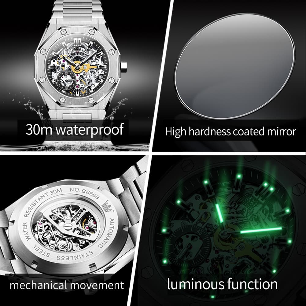 OLEVS 6669 Stainless Steel Octagonal Skeleton Watch for Men