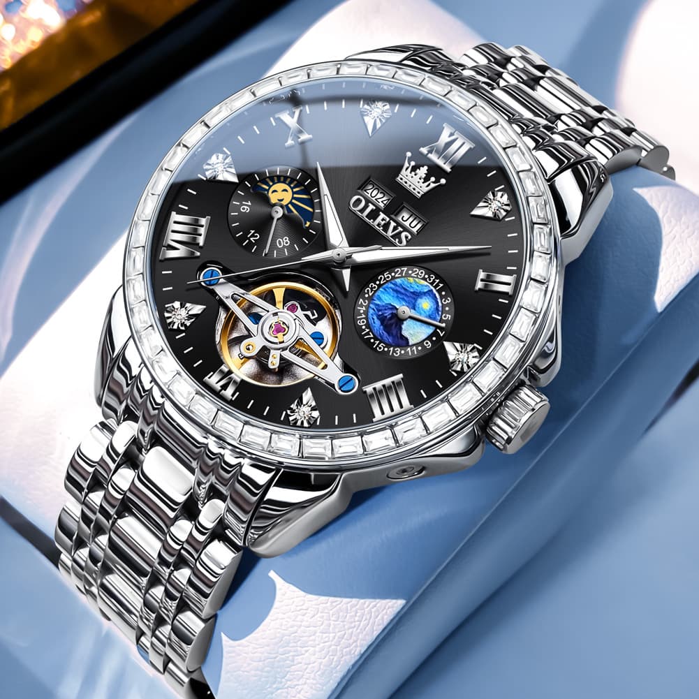 OLEVS 6712 Diamond Bezel Starry Moon Phase Calendar Mechanical Watch For Men