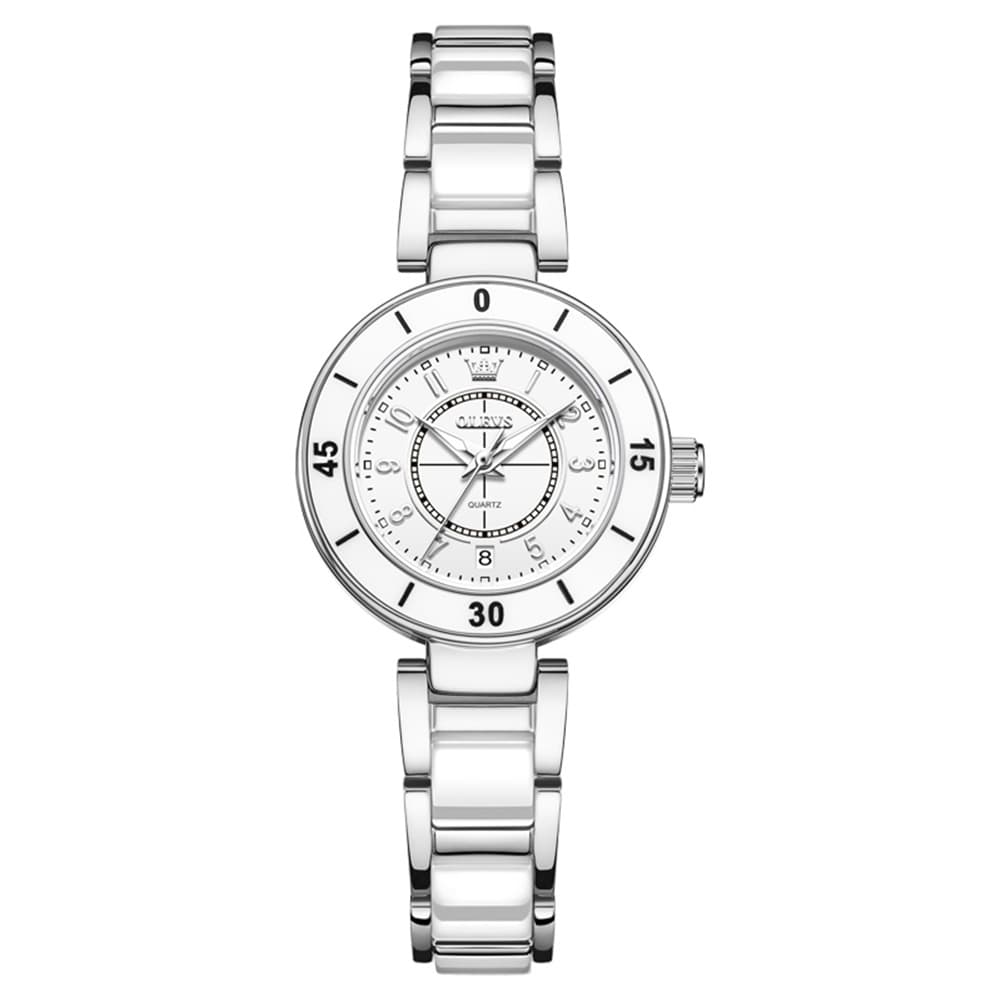 OLEVS 7083 White Ceramic Watch Sport Luxe Diamond Accent Stainless Steel Bracelet Quartz Timepiece for Women