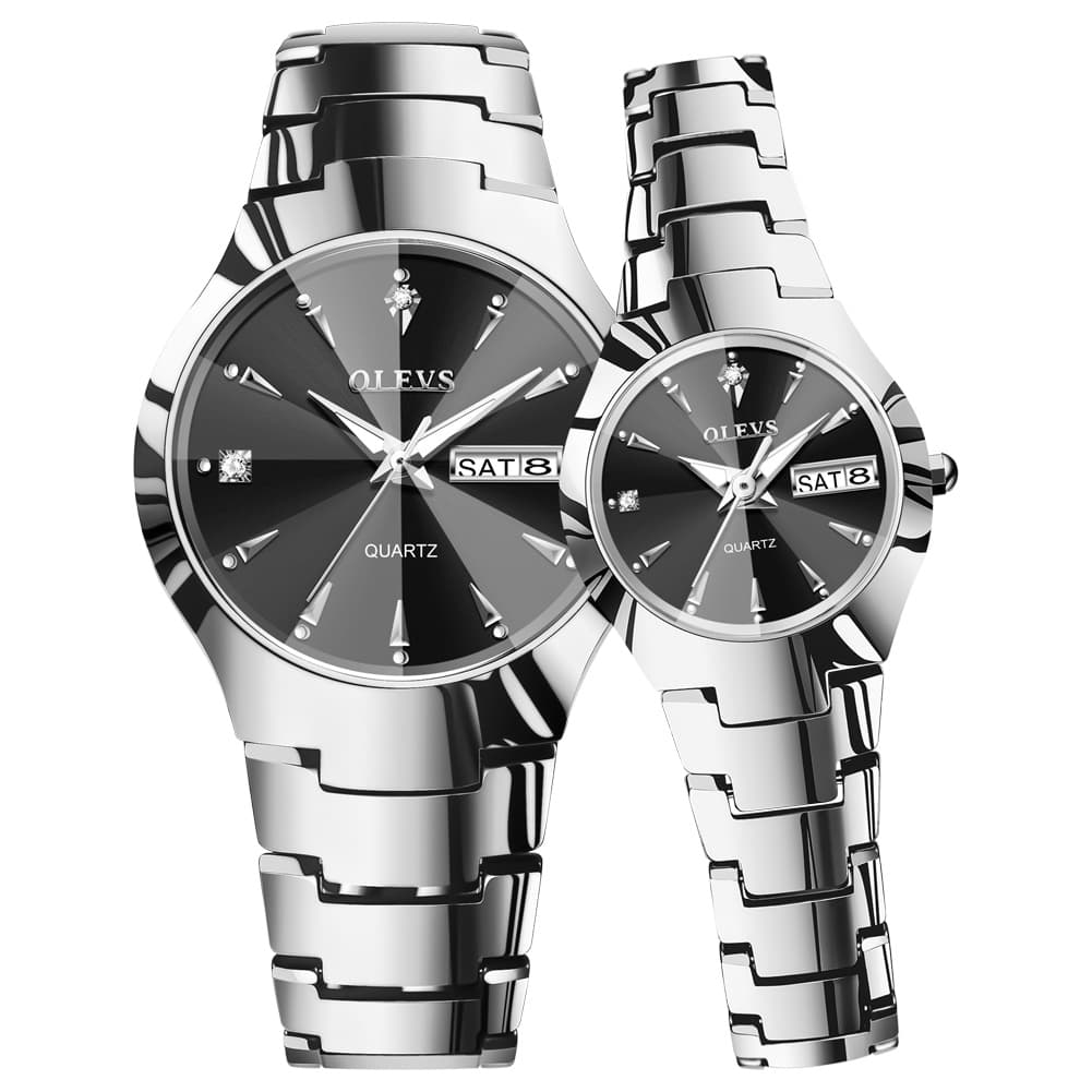 OLEVS Tungsten Steel Ultra Thin Day Date Couple Watch 8697 for Men and Women