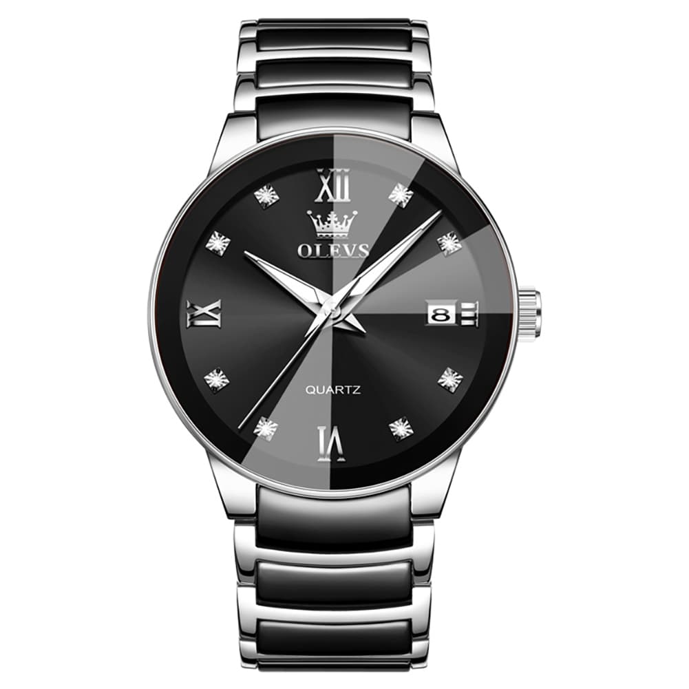 OLEVS 7114 Ceramic Link Watch Couple Date Diamond Accent Quartz Luxury Timepiece for Men and Women
