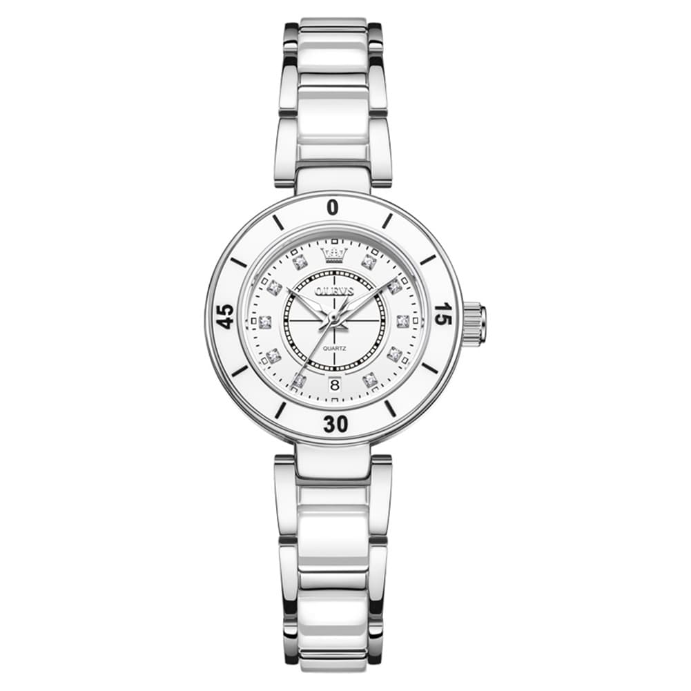 OLEVS 7083 White Ceramic Watch Sport Luxe Diamond Accent Stainless Steel Bracelet Quartz Timepiece for Women