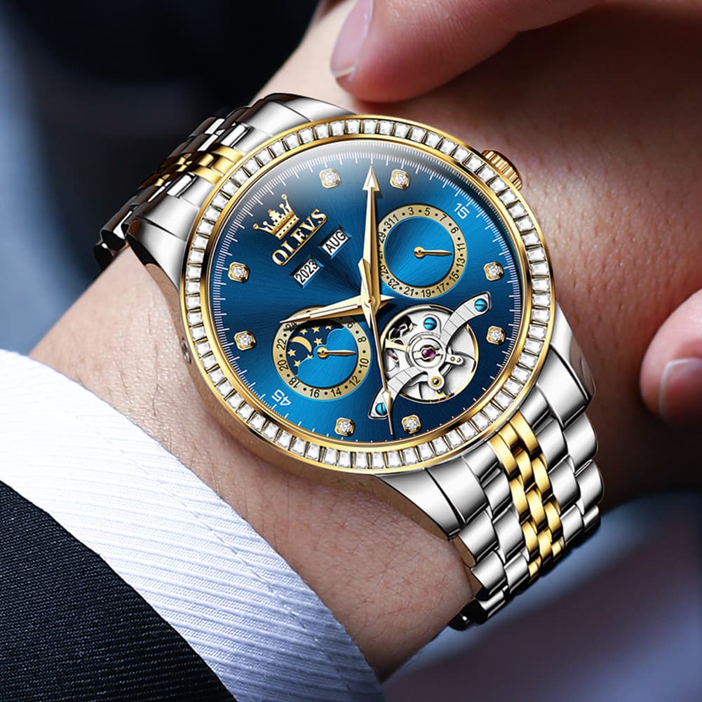 OLEVS 7016 Diamond Multi Function Sun and Moon Mechanical Watch for Men