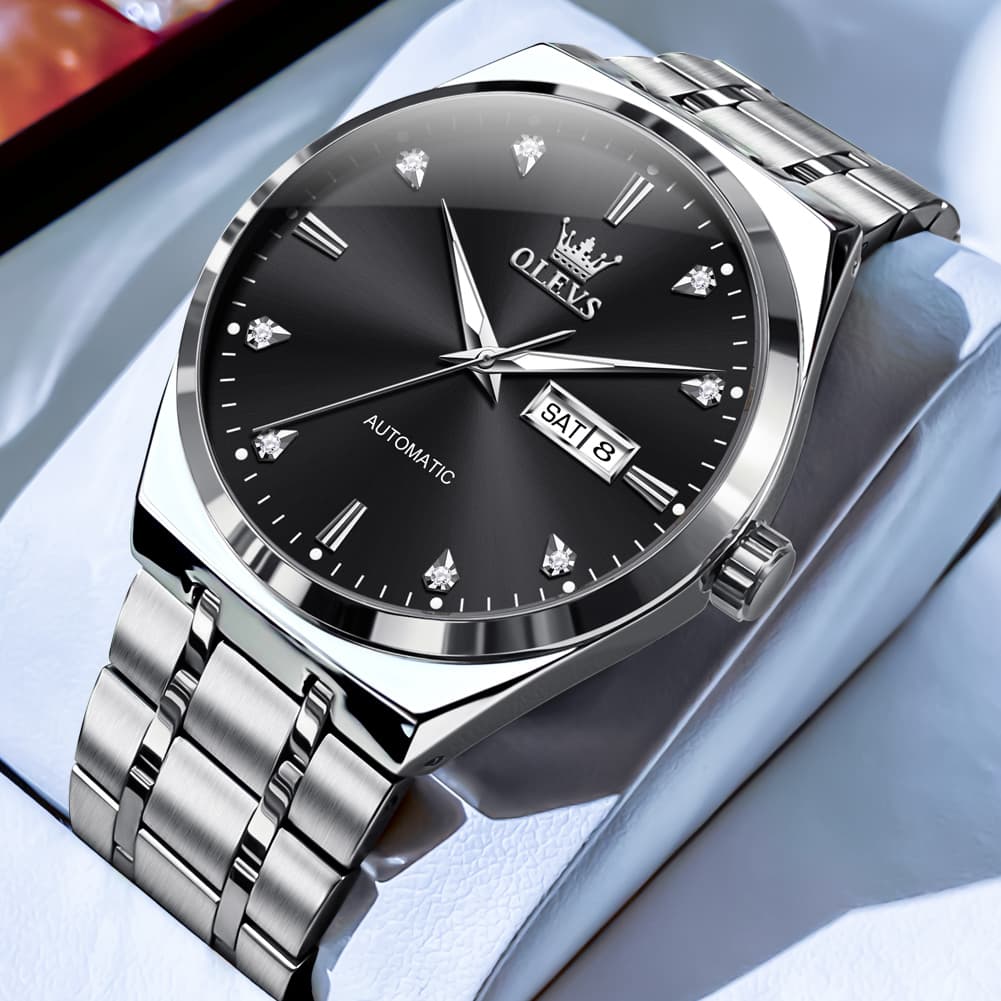 OLEVS Integrated Bracelet Diamond Dial Automatic Watch 9811 Day Date for Men