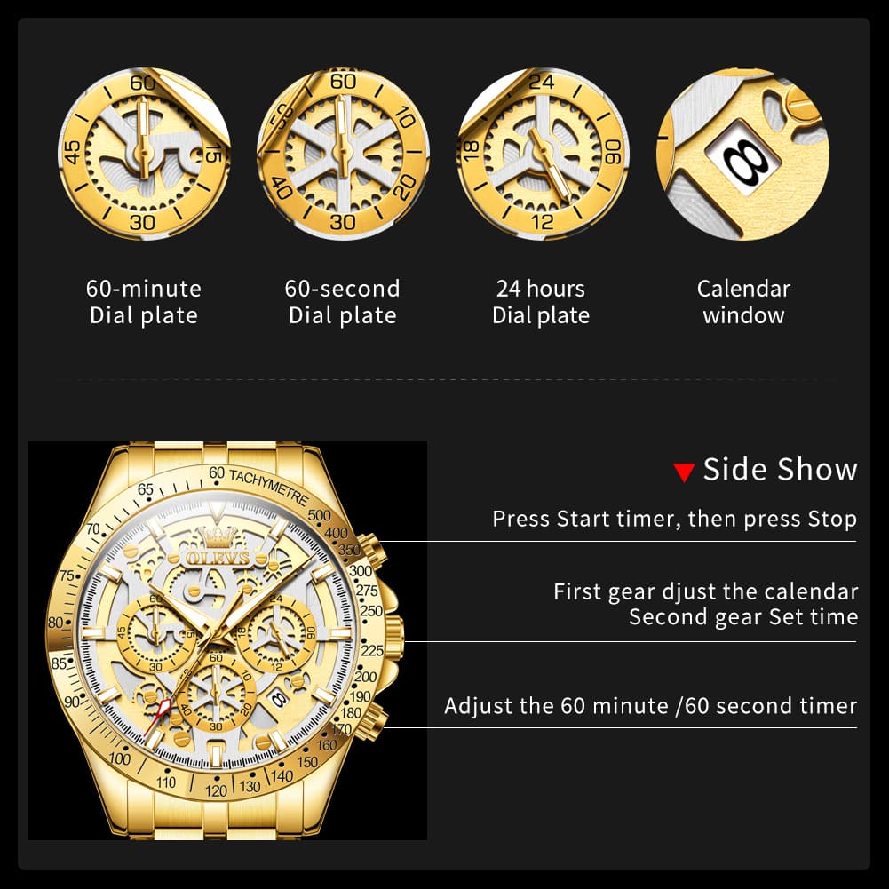 OLEVS 9913 Skeleton Dial Chronograph Gold Quartz Watch for Men