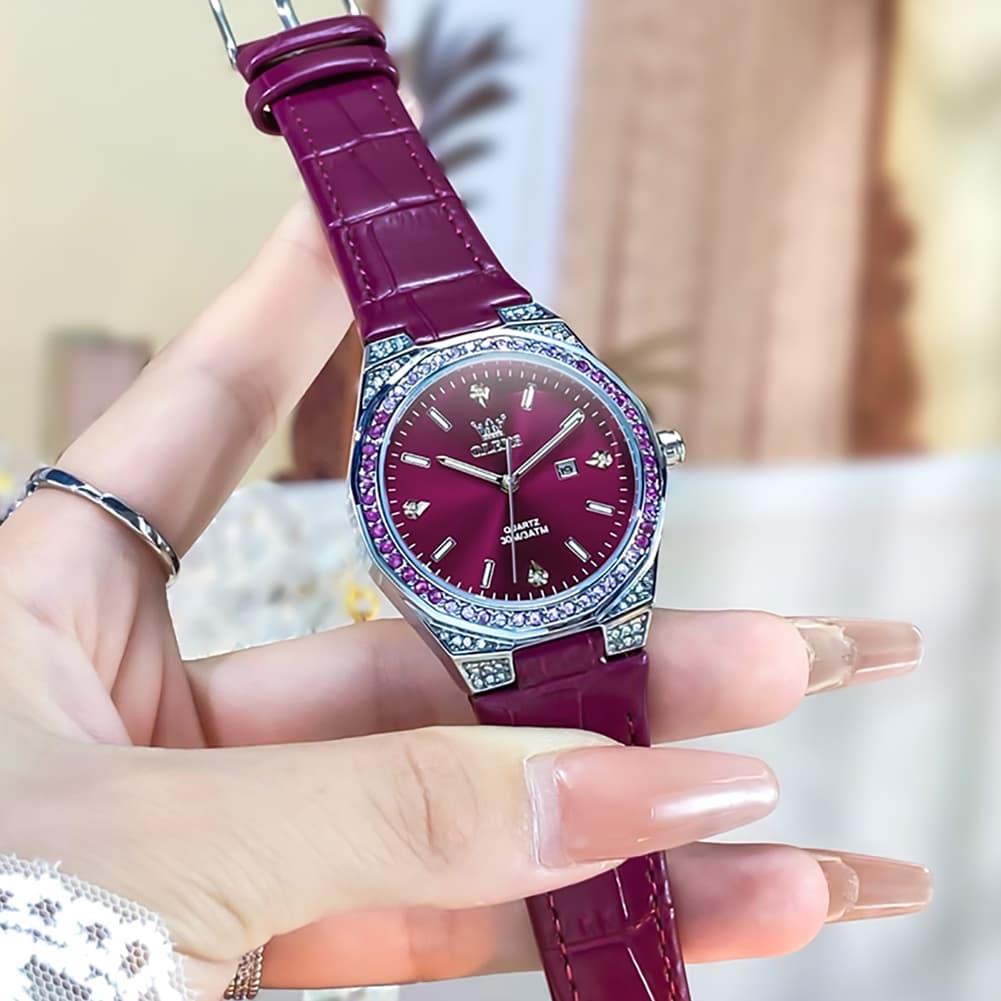 OLEVS Women Octagonal Watch Diamond Bezel Leather Strap Date Quartz 5606