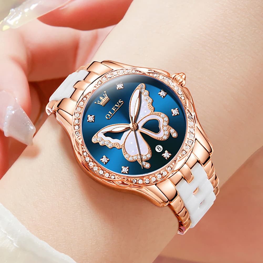OLEVS Women Butterfly Watch Ceramic Rose Gold Diamond Date Quartz 5610