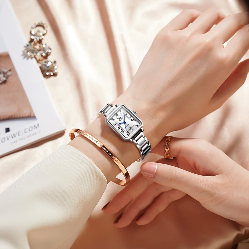 OLEVS Women Rectangular Dress Watch Retro Tank Stainless Steel Date Quartz 5641