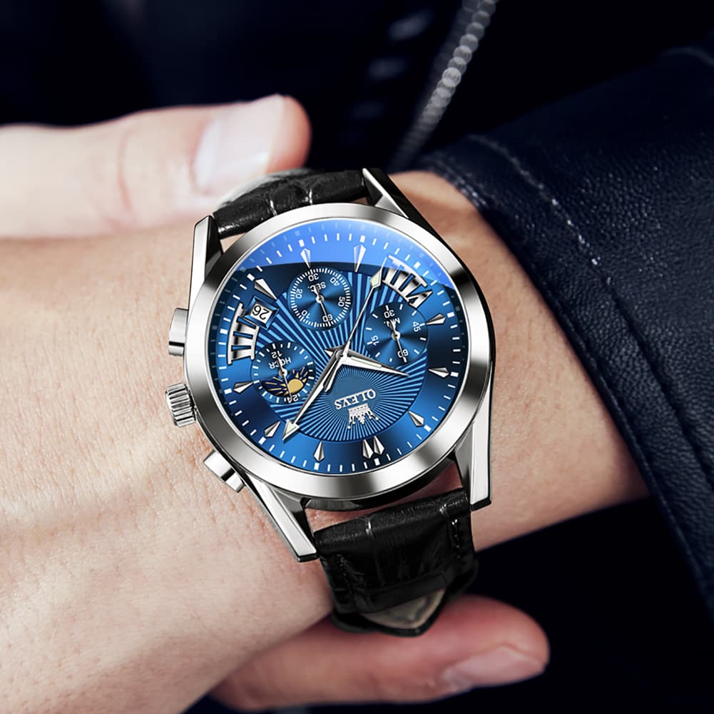 OLEVS 2876 Luxury Moon Phase Chronograph Leather Watch for Men