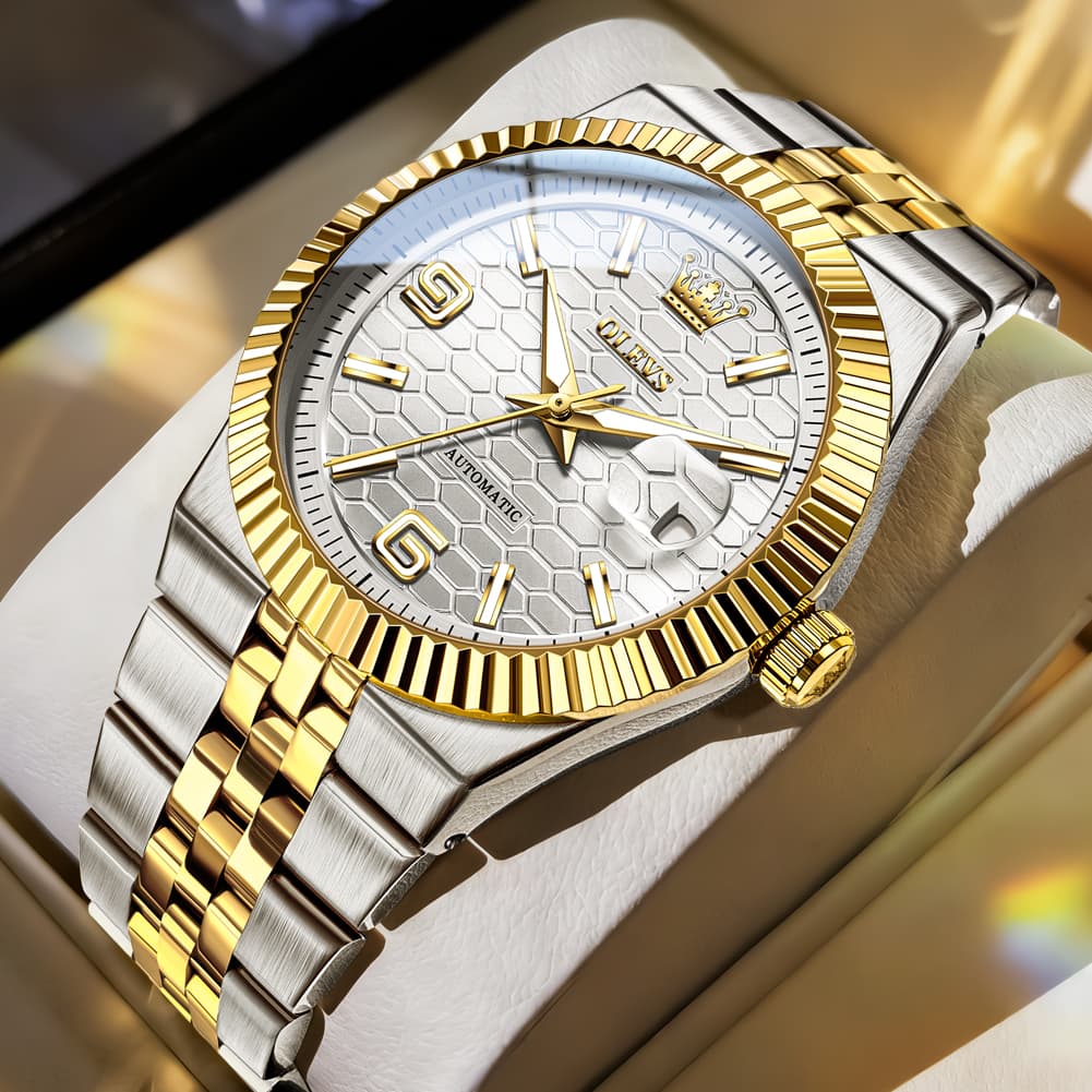 OLEVS 7105 Fluted Bezel Automatic Mechanical Luxury Dress Watch for Men