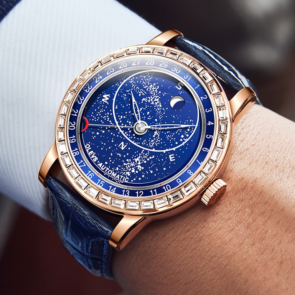 OLEVS Starry Sky Moon Phase Automatic Mechanical Watch 9923 Leather Strap for Men