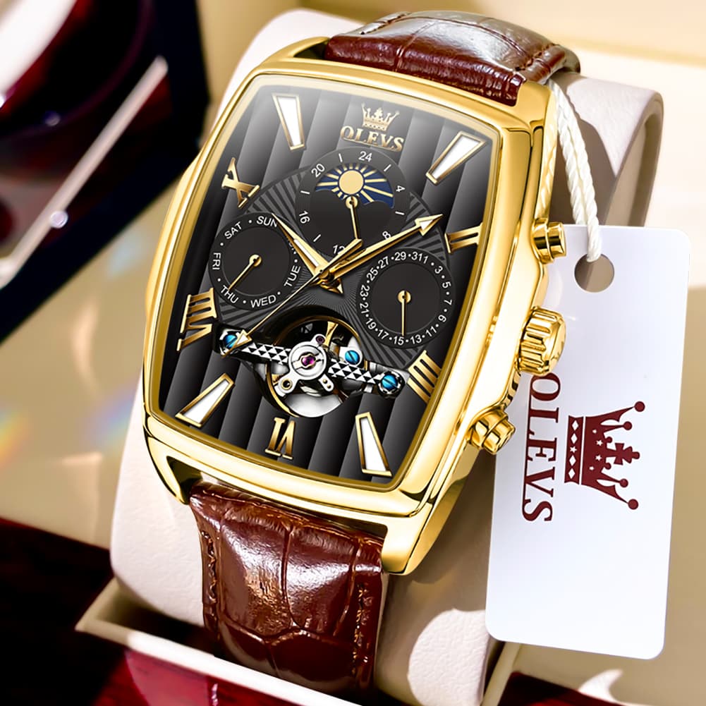 OLEVS 6675 Square Mechanical Moon Phase Watch for Men