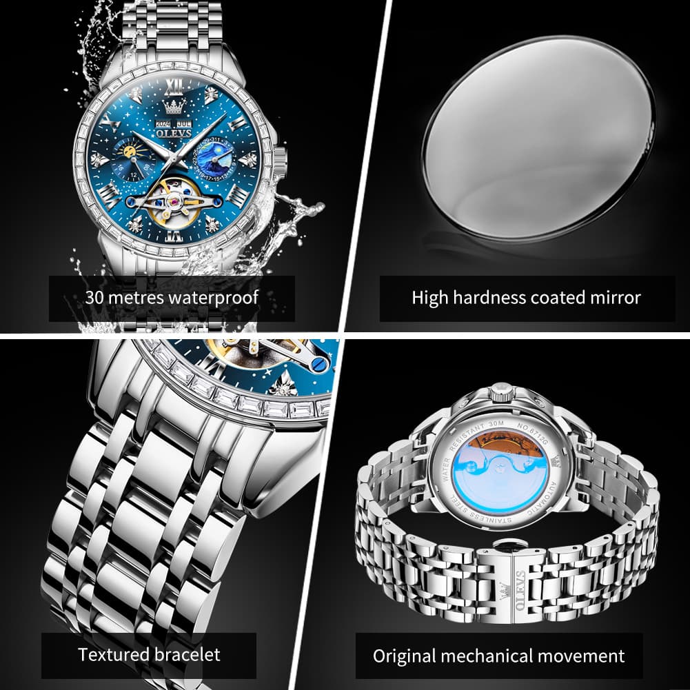 OLEVS 6712 Diamond Bezel Starry Moon Phase Calendar Mechanical Watch For Men
