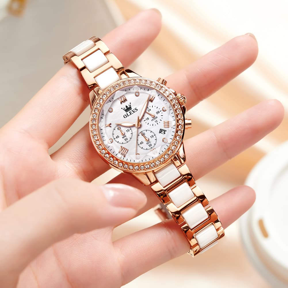 OLEVS 9999 Diamond Bezel Chronograph Ceramic Watch for Women
