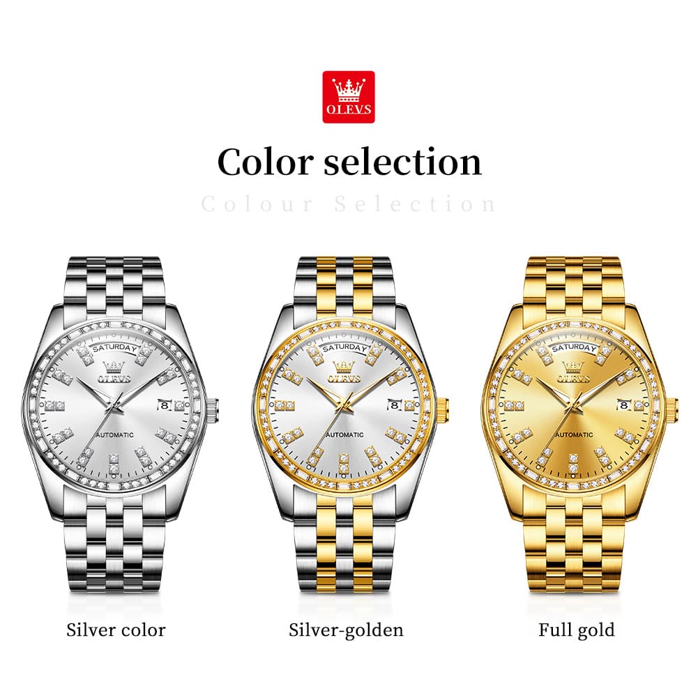 OLEVS Diamond Bezel Day Date Automatic Mechanical Watch 9802 for Men