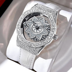 OLEVS 9996 Rotatable Diamond Bezel Leather Watch for Women