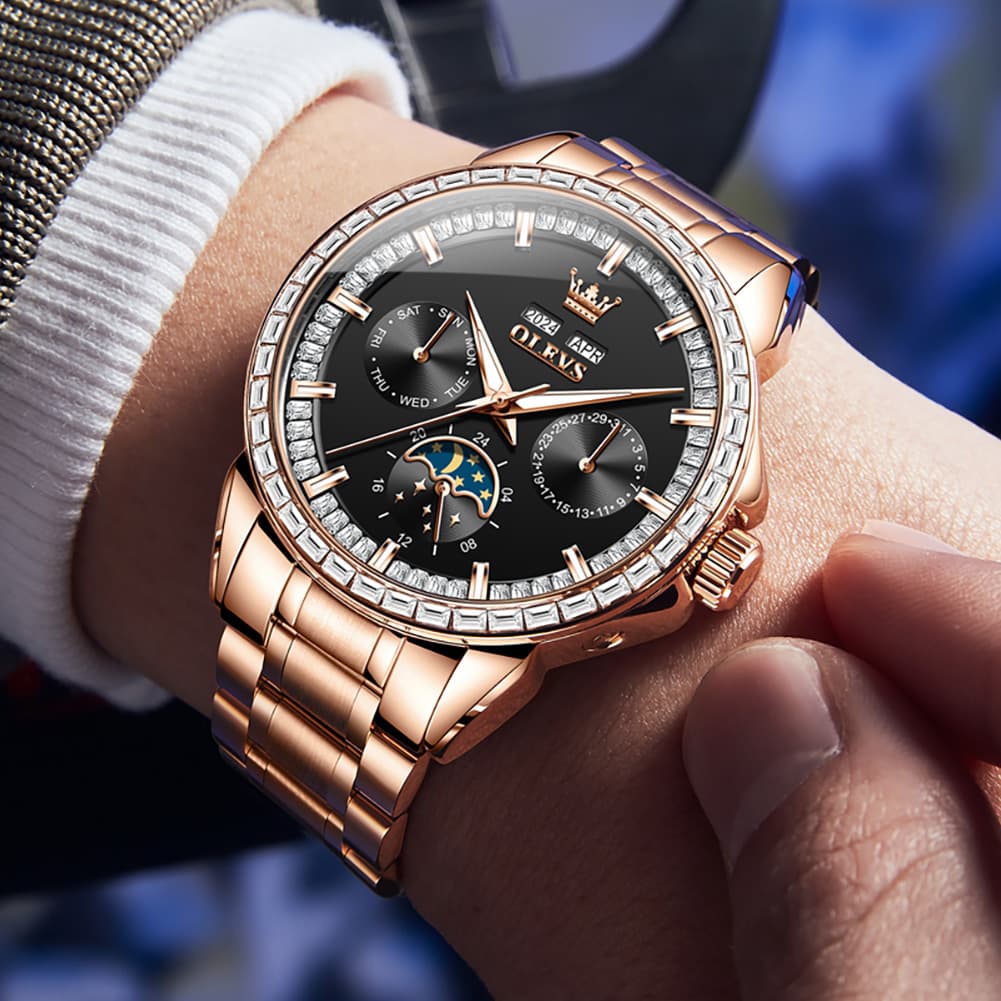 OLEVS 6695 Baguette Diamond Multifunction Mechanical Watch for Men