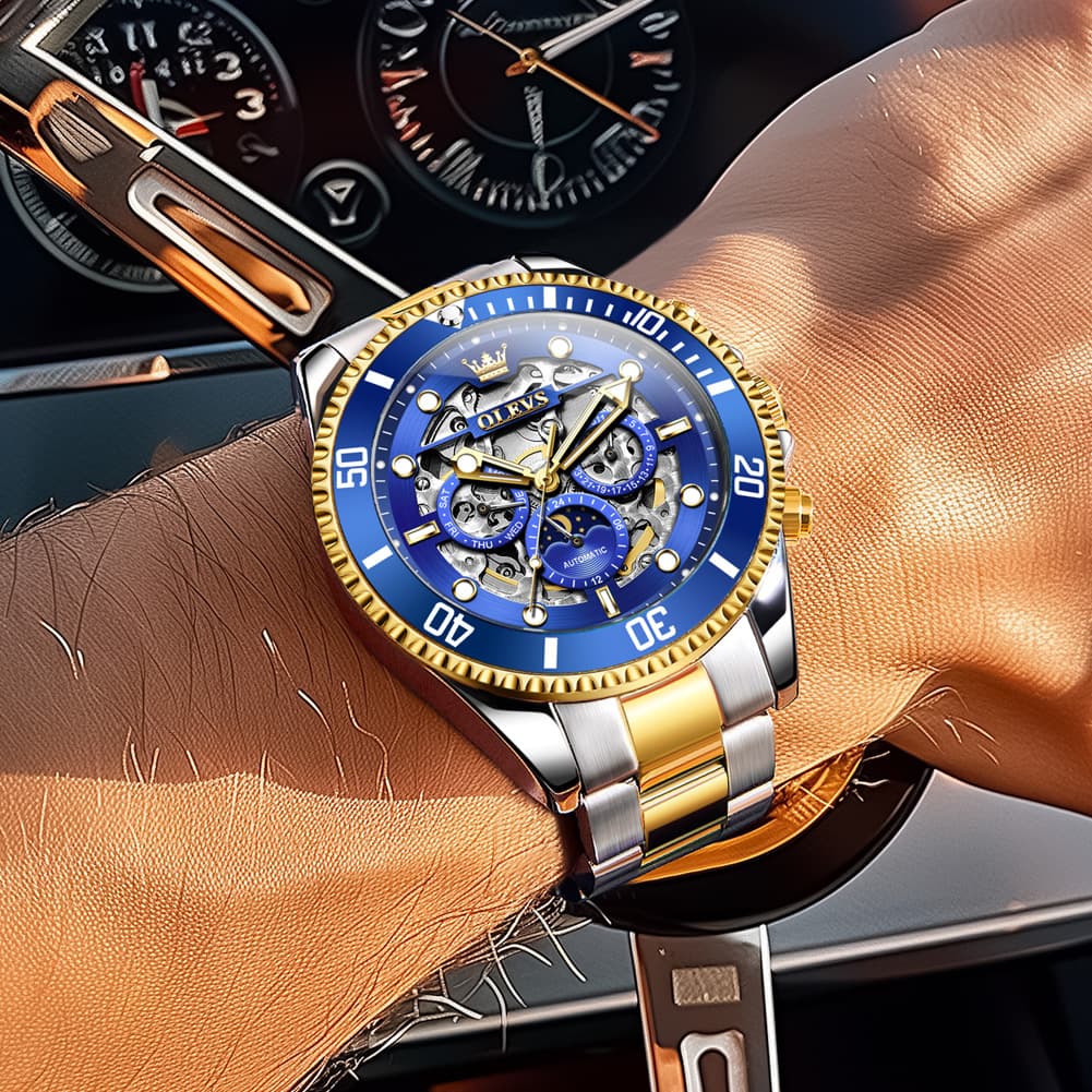 OLEVS 6715 Skeleton Multifunction Moon Phase Sports Mechanical Watch For Men