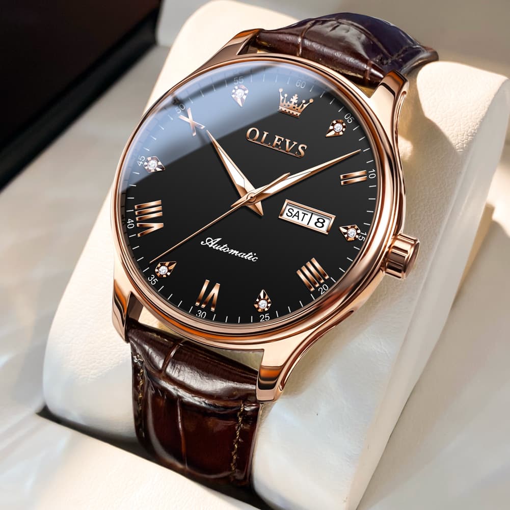 OLEVS Couple Watches Diamond Dial Automatic Mechanical Watch 9932 Leather Strap for His and Hers