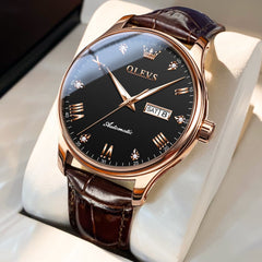 OLEVS Couple Watches Diamond Dial Automatic Mechanical Watch 9932 Leather Strap for His and Hers