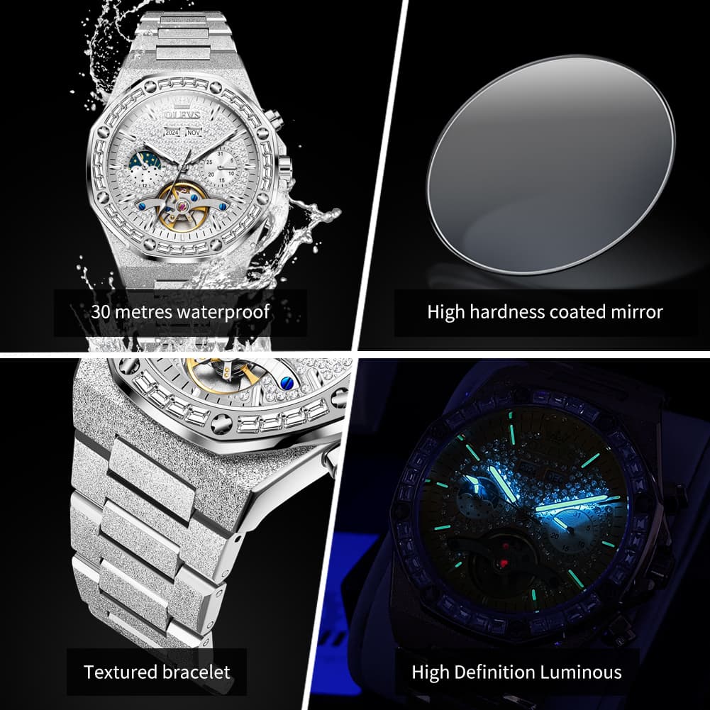 OLEVS Iced Out Moon Phase Skeleton Automatic Watch 9805 Calendar for Men