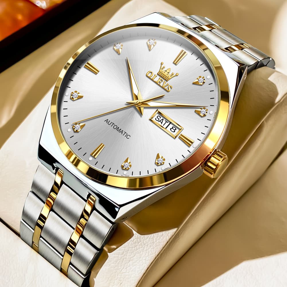 OLEVS Integrated Bracelet Diamond Dial Automatic Watch 9811 Day Date for Men
