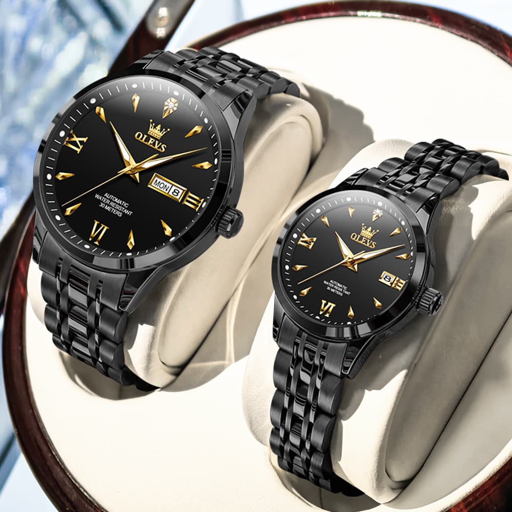 OLEVS Couple Watches Diamond Dial Automatic Mechanical Watch 9956 Steel Band for His and Hers