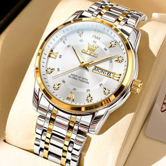OLEVS Diamond Dial Day Date Quartz Watch 5513 Steel Band for Men