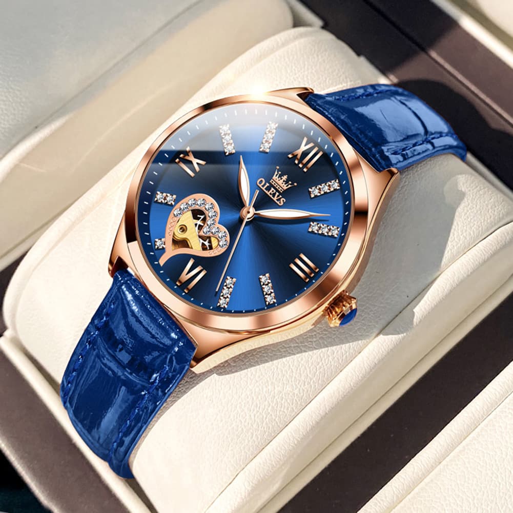 OLEVS 6636 Leather Skeleton Mechanical Watch for Women