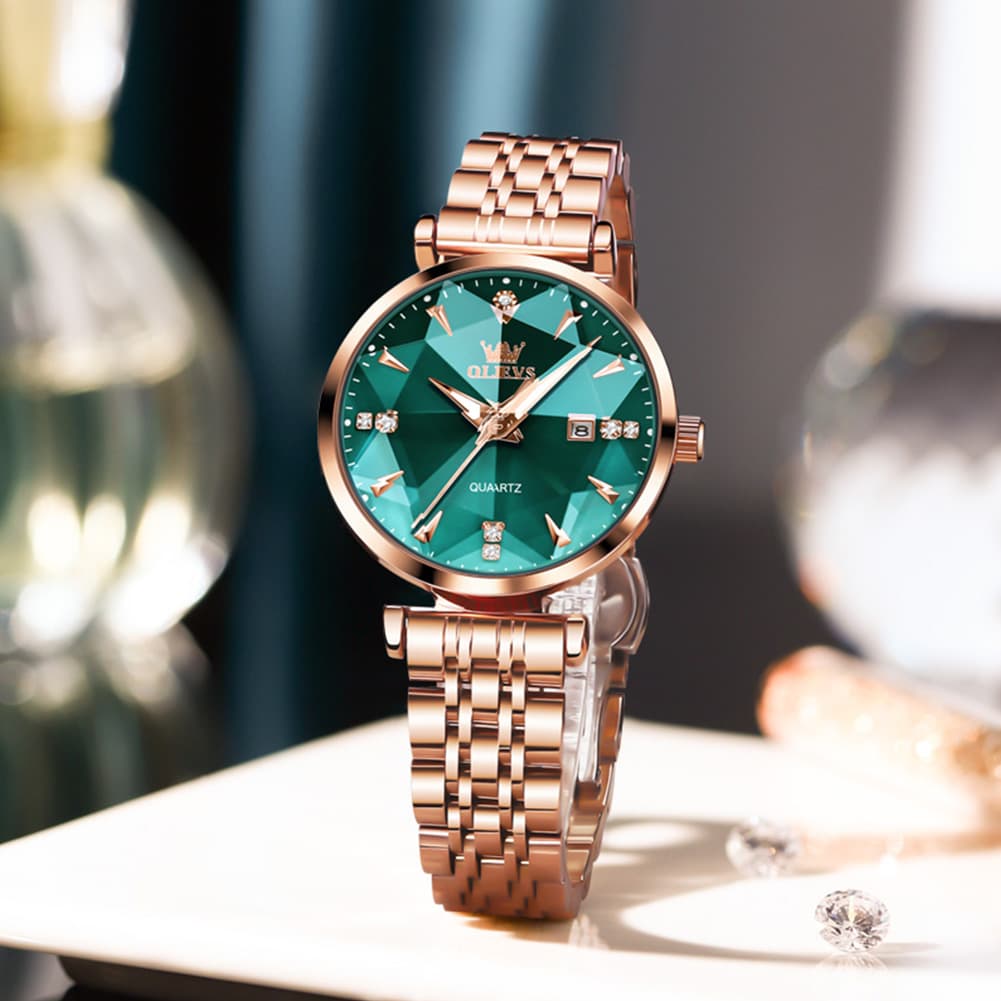 OLEVS Diamond Cut Crystal Dress Watch for Women Stainless Steel 5536