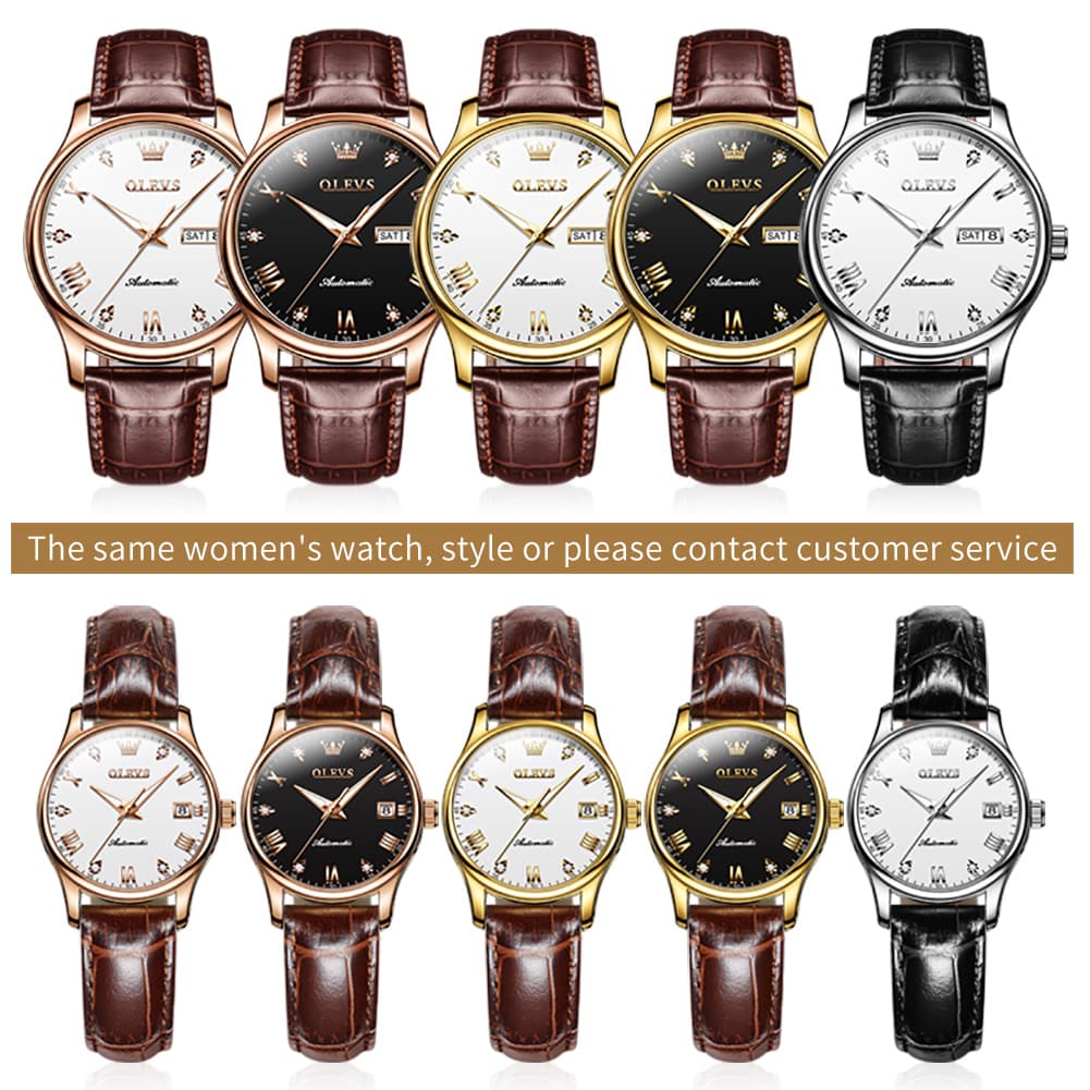 OLEVS Couple Watches Diamond Dial Automatic Mechanical Watch 9932 Leather Strap for His and Hers