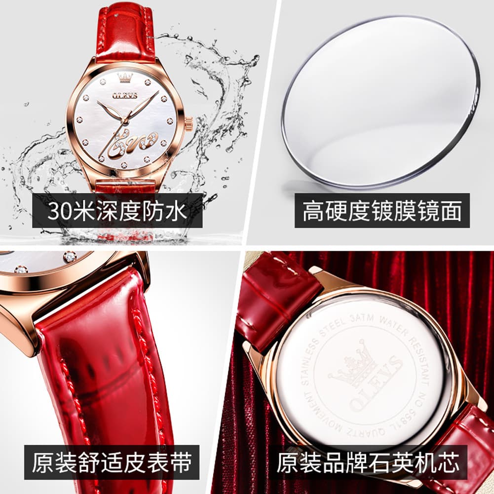 OLEVS 5581 Love Motif Diamond Watch Rose Gold Leather Strap Romantic Gift Timepiece for Women