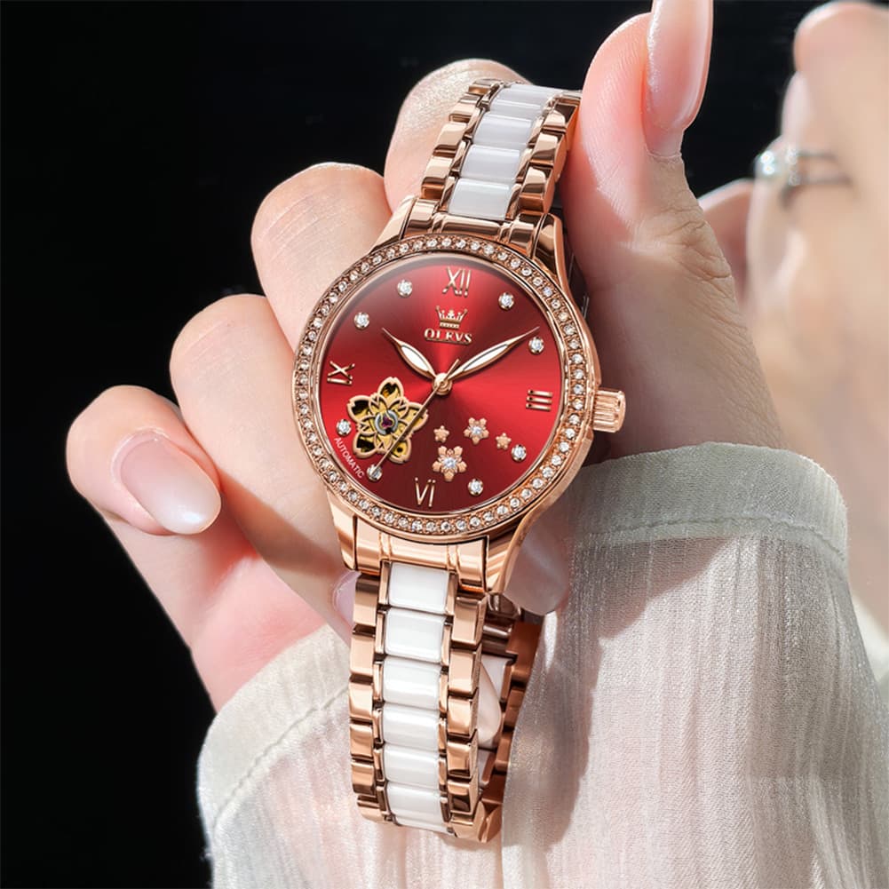 OLEVS 7074 Ceramic Open Heart Automatic Watch For Women