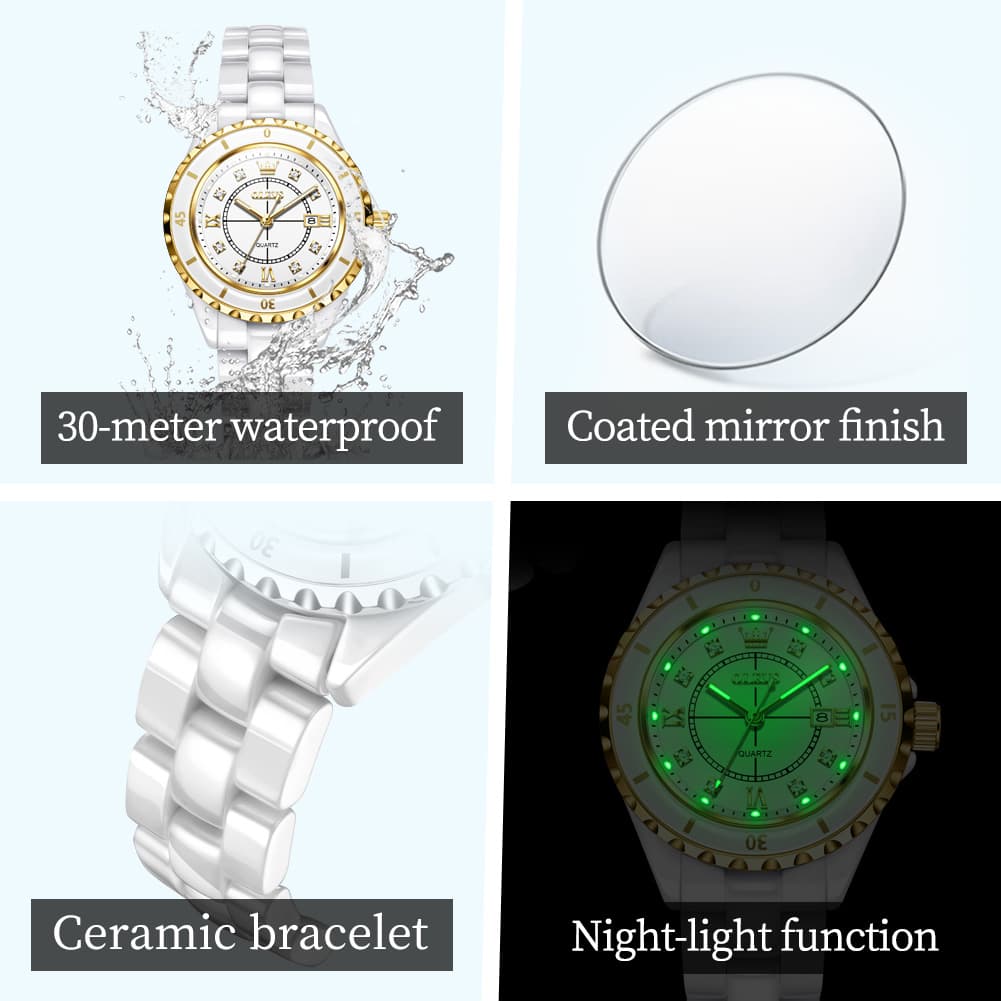 OLEVS 5658 White Ceramic Watch Diamond Accent Quartz Butterfly Clasp Luxury Timepiece for Women